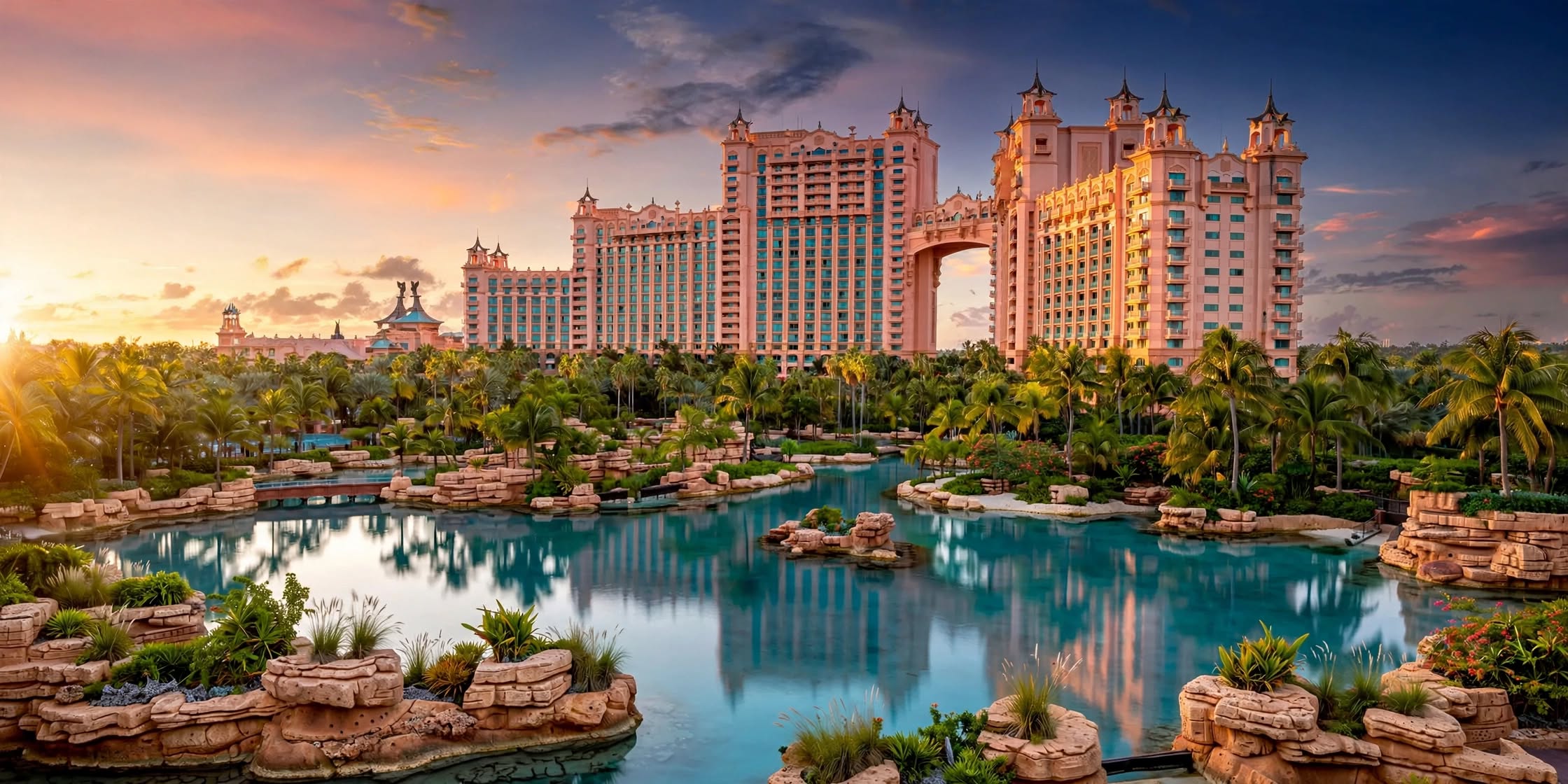 Oceanfront towers and turquoise water lagoon at Atlantis Paradise Island