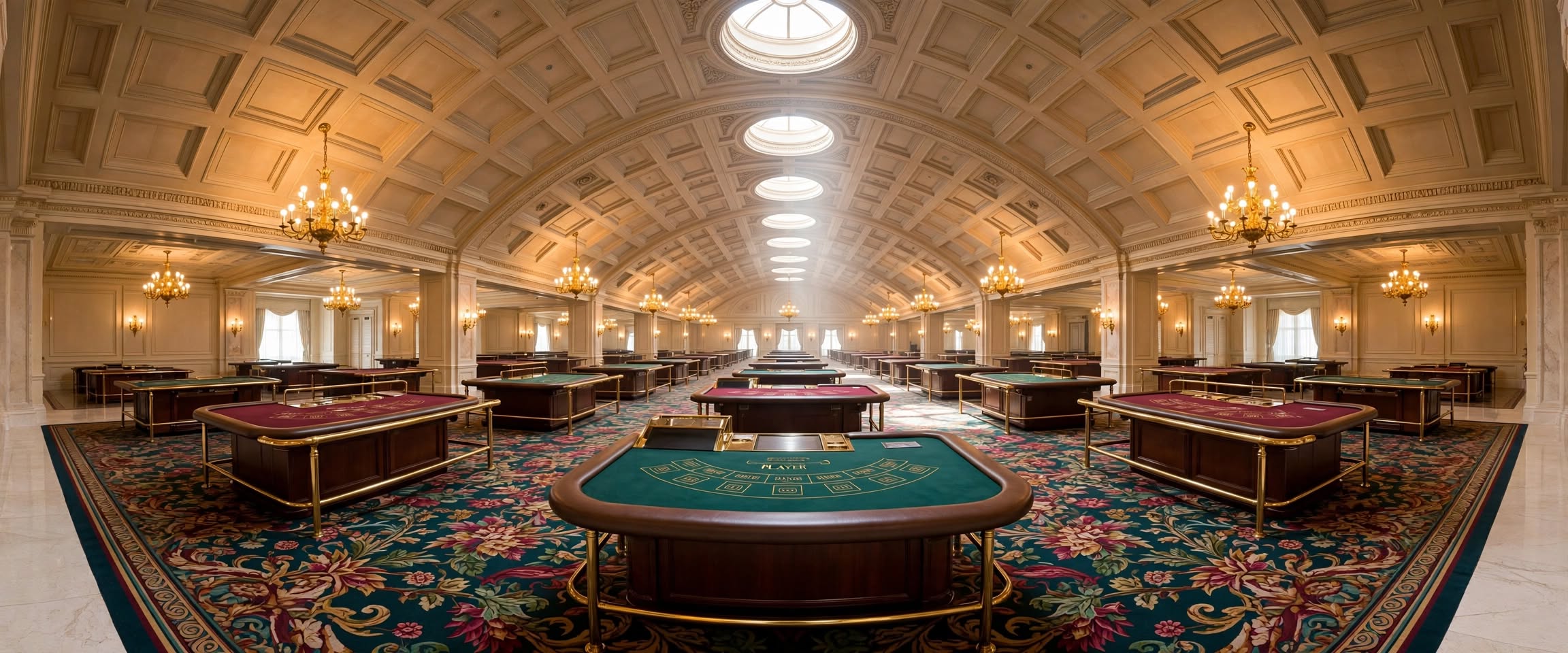 Baccarat gaming table layout with commission boxes and dealt cards