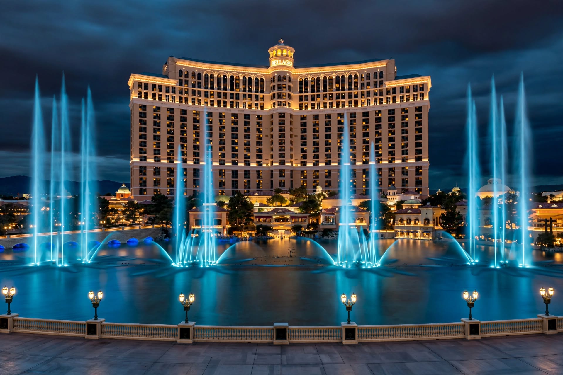Illuminated water display and architecture at Bellagio resort in Las Vegas